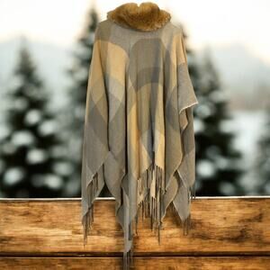 Grey/Beige Plaid Poncho One Size